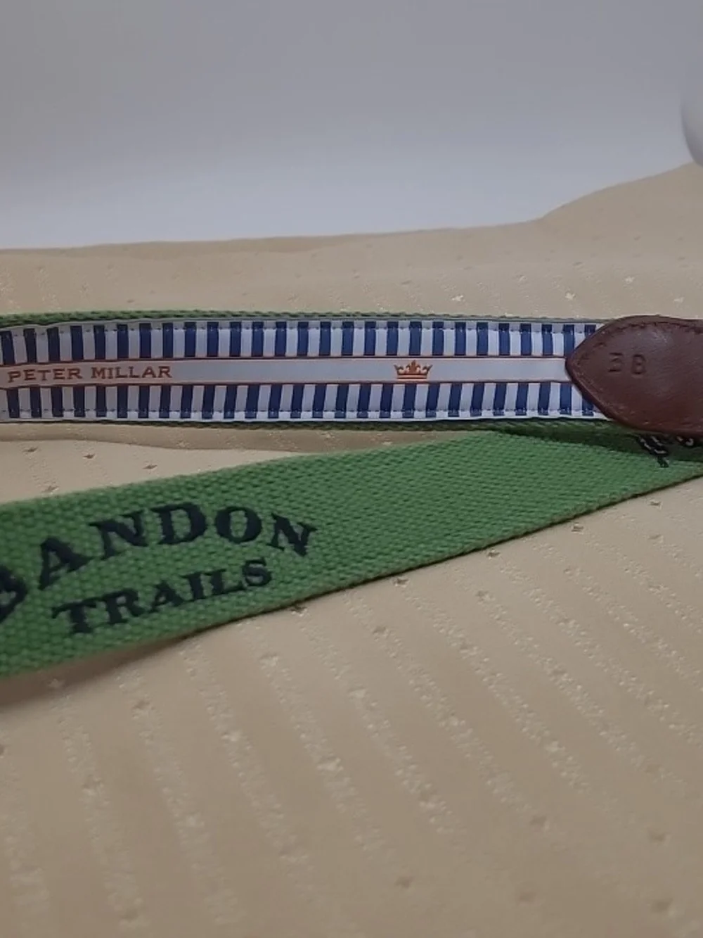 Peter Millar Bandon Trails Golf Belt Size 38 Canvas Leather Butterfly Logo Green